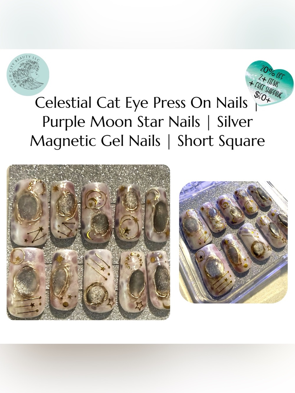 Celestial Cat Eye Press On Nails Purple Moon Star Short Square Gel
